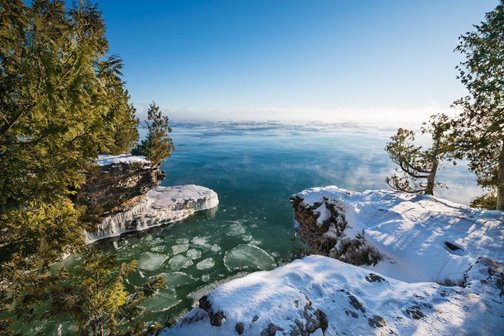 Snow-covered bluffs along the lake