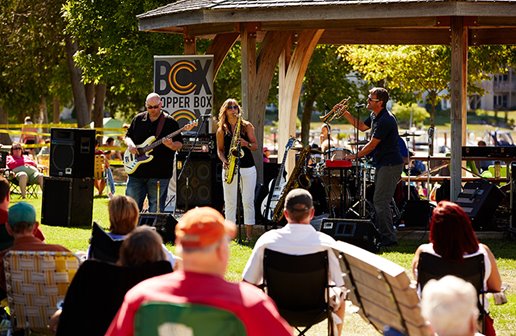 People watching a band in the park.