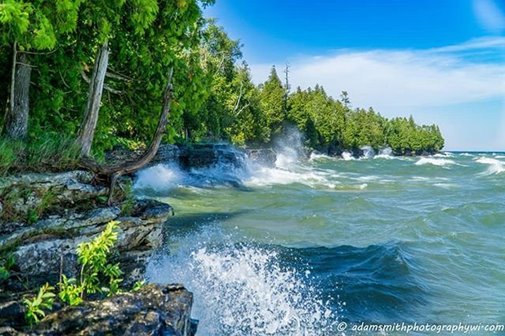 Waves crashing on the tree-lined lakeshore.