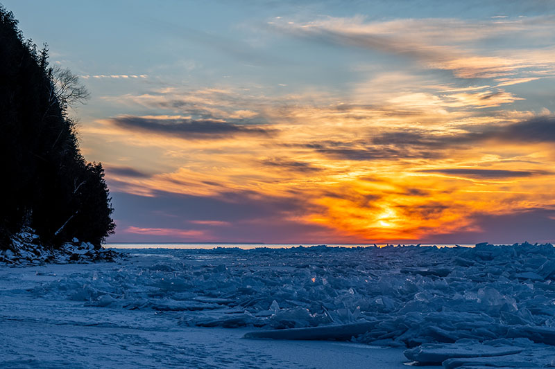 Door Bluff Headlands ice shove at sunset.