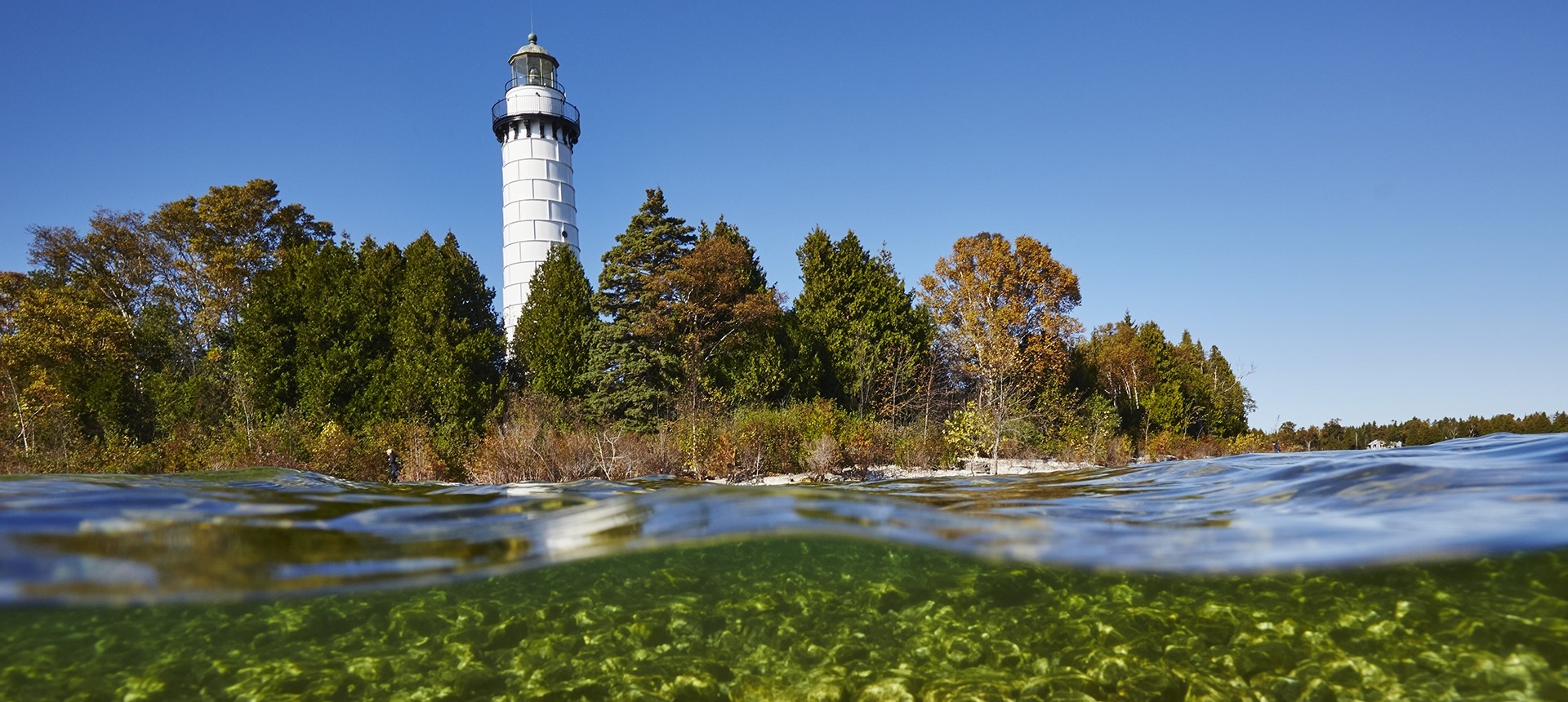 Lighthouse in the distance surrounded by trees on the lakefront